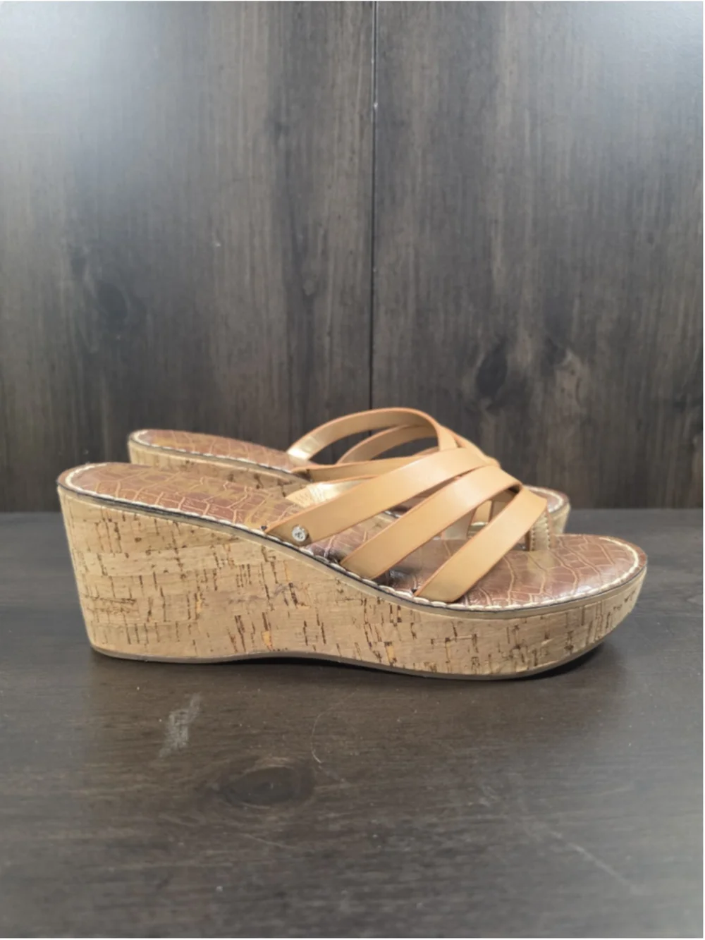 Sam Edelman Strappy Criss-cross Cork Platform Wedge Sandals 9.5 M Natural Brown